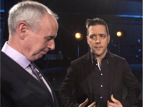 George Stroumboulopoulos (right) and Ron MacLean attend an event where Rogers unveiled its team for NHL coverage in Toronto on March 10, 2014.