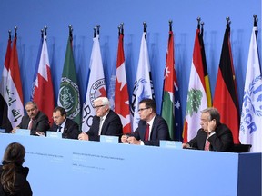 (L-R) Jordan's Foreign Minister Nasser Judeh, Lebanese Minister of Foreign Affairs and Emigrants Gebran Bassil, German Foreign Minister Frank-Walter Steinmeier, German Minister of Economic Cooperation and Development Gerd Mueller and the United Nations High Commissioner for Refugees Antonio Guterres give a press conference during a meeting on Syrian refugees at the Foreign Ministry in Berlin October 28, 2014. The United Nations issued a clarion call for more funding to help countries such as Lebanon and Jordan host millions of Syrian refugees, warning it posed the world's "most dramatic humanitarian crisis".