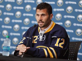 New Sabre Brian Gionta speaks during a press conference at the First Niagara Center in Buffalo on July 2, 2014.