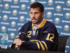 Brian Gionta speaks during a news conference at the First Niagara Center in Buffalo on July 2, 2014 after signing with the Sabres as a free agent.