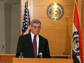 St. Louis County Prosecutor Robert McCulloch announces the grand jury's decision not to indict Ferguson police officer Darren Wilson in the shooting death of Michael Brown on November 24, 2014, at the Buzz Westfall Justice Center in Clayton, Missouri.