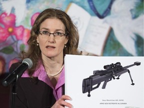 Gun control activist Heidi Rathjen speaks during a news conference in Montreal, Friday, November 28, 2014.