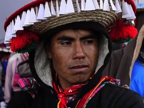 A Huichol man wear a traditional hat in an image from the documentary film Huicholes: The Last Peyote Guardians. (Image from trailer )