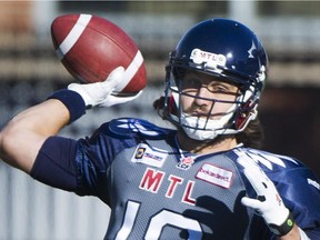 Montreal Alouettes quarterback Jonathan Crompton throws a pass during first half CFL football action against the Toronto Argonauts in Montreal, Sunday, November 02, 2014.