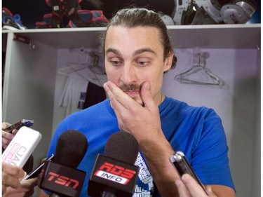 Montreal Alouettes quarterback Jonathan Crompton speaks to the media as the team clears out their lockers Monday, Nov. 24, 2012 in Montreal. The Hamilton Tiger-Cats defeated the Alouettes 40-24 to advance to the Grey Cup game in Vancouver.