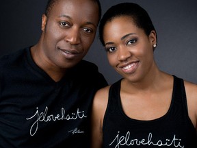 Journalist Herby Moreau and publicist Martine St-Victor pose in "Je love Haiti" T-shirts, a campaign by St-Victor to promote a positive image of Haiti. PHOTO: Naskademini