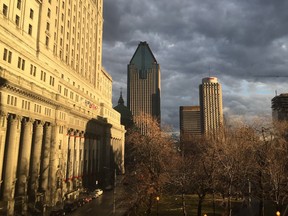 Autumn sunlight shining on the Sunlife Building in Montreal on Nov. 24, 2014 at 3:15 p.m.