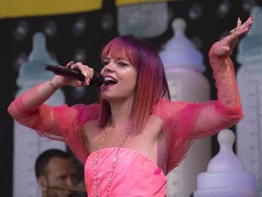 Lily Allen performs on the Pyramid main stage at Glastonbury music festival on June 27, 2014.