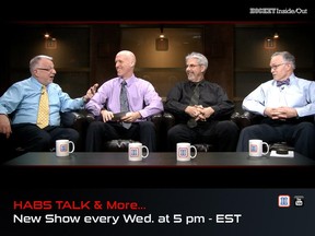 Longtime hockey broadcaster Ron Reusch (left) joins Montreal Gazette sports editor/host Stu Cowan and columnists Jack Todd and Dave Stubbs for taping of the HI/O Show on Nov. 26, 2014.