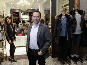 Ted Rozenwald, president of Manhattan International, visits the company's retail store,  Alton Gray, in Carrefour Laval. Marie-Andrée Chaloux, in the background, wears Blank jacket and AG jeans.