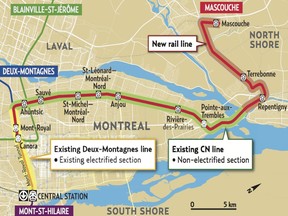 Route of the new Montreal-Mascouche AMT train line, which begins service on Monday.