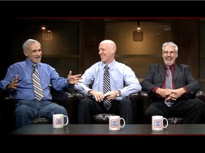 Michael Farber of Sports Illustrated (left) joins Montreal Gazette sports editor Stu Cowan, columnist Jack Todd and blogger Mike Boone (not shown in photo) for taping of the weekly HI/O Show for the Montreal Gazette's hockeyinsideout.com website on Nov. 5, 2014.