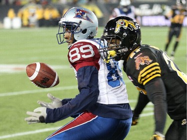 Duron Carter #89 of the Montreal Alouettes drops a ball against the Hamilton Tiger-Cats in a CFL football game at Tim Hortons Field on November 8, 2014 in London, Ontario, Canada. The Tiger-Cats defeated the Alouettes 29-15.