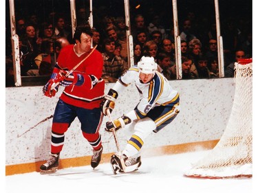Montreal Canadiens defenceman Guy Lapointe in 1970s action against the St. Louis Blues.
