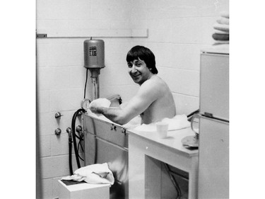 Montreal Canadiens defenceman Guy Lapointe in the team's dressing-room whirlpool at the Montreal Forum in the 1970s.
