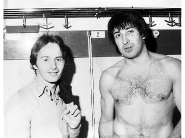 Montreal Canadiens defenceman Guy Lapointe (right) meets Formula One Ferrari superstar Gilles Villeneuve in a 1970s dressing-room visit.