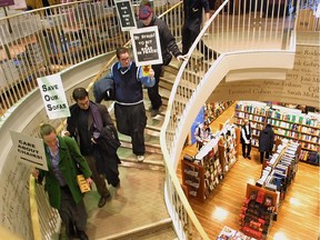 In this Montreal Gazette file photo from February 2002, demonstrators at the downtown Indigo bookstore protest the store's decision to replace soft sofas with hard chairs.