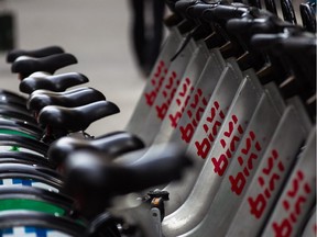 Bixi bicycles on a rack on de Maisonneuve Blvd. in Montreal on Tuesday, August 12, 2014.