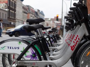 Bixi bikes stationed in Montreal.