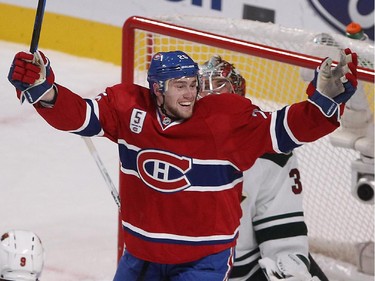 Montreal Canadiens' Jiri Sekac celebrates goal by Montreal Canadiens' Lars Eller, not seen, during second period NHL action in Montreal on Saturday November 08, 2014.