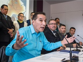 Left to right: Chief Réal McKenzie, Council of the Innu of Matimekush-Lac John, Chief Bruno Kistabish, Council of the Abitibiwinni First Nation, Chief Christian Awashish, Council of the Atikamekw of Opitciwan, and Grand Chief Constant Awashish, Council of the Atikamekw First Nation, hold a press conference in Montreal on Thursday, November 13, 2014, to announce the creation of a political coalition.