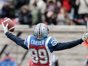 Alouettes receiver Duron Carter celebrates after scoring a touchdown during the first half of CFL East Division semifinal against the B.C. Lions on Nov. 16 at Montreal's Molson Stadium. The Alouettes won 50-17