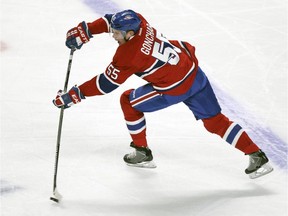 Canadiens defenceman Sergei Gonchar makes a pass against the Pittsburgh Penguins during game at the Bell Centre on Nov. 18, 2014 .