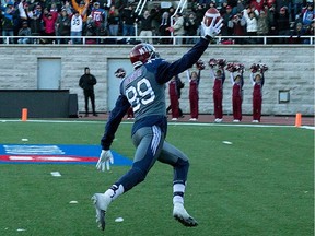Montreal Alouettes wide receiver Duron Carter celebrates scoring the winning touchdown against the Toronto Argonauts, not seen, during CFL action at the Molson Stadium in Montreal on Sunday November 2, 2014.  (Allen McInnis / MONTREAL GAZETTE)
