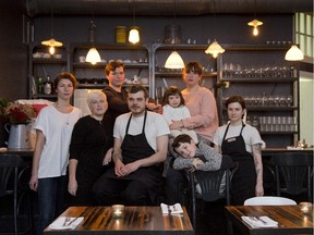 Left to right, Sefi Amir, sommelier Lainie Taillefer, owner Ethan Wills, chef/owner Marc Cohen, owner Annika Krausz, with kids Eloise and Oscar Wills and Jessica Mallette, chef de cuisine at Lawrence restaurant.