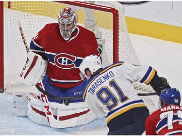 Montreal Canadiens goalie Carey Price makse a save on a shot by St. Louis Blues Vladimir Tarasenko during National Hockey League game in Montreal Thursday November 20, 2014.  Tarasenko scored on the rebound.