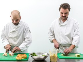 Hungry Box owner Sean Scourse, right, and Jeff Roberts, head chef, in the kitchen making chicken salad sandwiches at their Somerled Ave. facility in N.D.G.