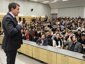 Pierre Karl Péladeau delivers a speech to students at Université de Montréal Thursday November 27, 2014 .
