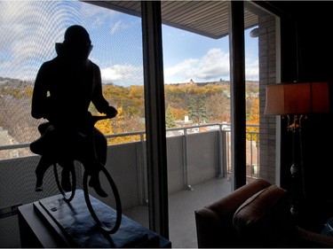 A sculpture is silhouetted against a view from Havie Walker's home in the Westmount.