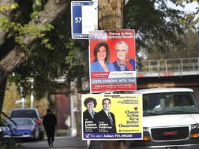 File photo: Signs for last November's English school board elections showing opposing candidates at the corner of Charlevoix and Knox street in Montreal.