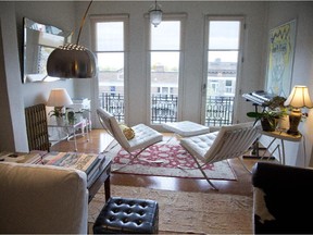 Barcelona chairs and a Turkish rug in a sitting area of Madeleine Champagne's condo in Outremont.