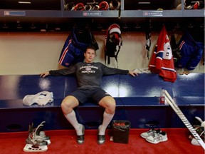 The Canadiens' Brendan Gallagher relaxes in the dressing room after practice at the team's training facility in Brossard on Sept. 30, 2013.