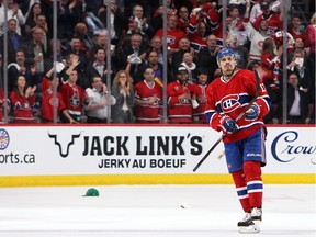 The Canadiens' Rene Bourque celebrates his third goal of the game against the New York Rangers during Game 5 of the Eastern Conference final at the Bell Centre on May 27, 2014.
