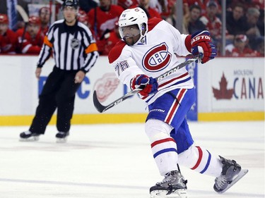 Montreal Canadiens defenseman P.K. Subban (76) watches his shot that scored a goal against the Detroit Red Wings in the second period of an NHL hockey game in Detroit Sunday, Nov. 16, 2014.