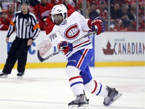 Canadiens defenceman P.K. Subban follows through on slapshot for a goal against the Red Wings during an NHL game in Detroit on Nov. 16, 2014.