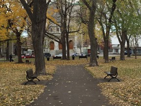 A view of Sir Georges-Étienne Cartier Park looking toward the St-Zotique Church on Notre-Dame Ouest.