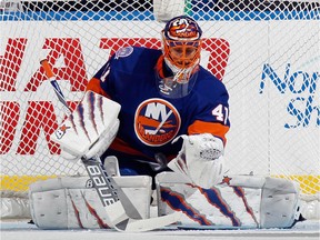 New York Islanders goalie Jaroslav Halak makes save during game against the Philadelphia Flyers at the Nassau Veterans Memorial Coliseum on Nov. 24, 2014.