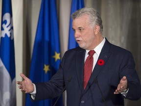 Quebec Premier Philippe Couillard speaks during a reception in Quebec city, Monday November 3, 2014.