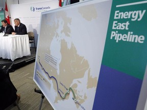 File photo: The Energy East pipeline proposed route is pictured as TransCanada officials speak during a news conference in Calgary, on Aug. 1, 2013.