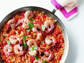 Shrimp, pasta and tomatoes make a fast, one-pan dinner by Martha Stewart.