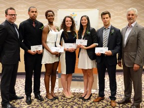 Stéphane Boulay of RDS (far left) and Claude Chagnon, president of the Quebec Foundation for Athletic Excellence (far right) pose with award winners Mukiya Post, Mariam Sylla, Katia Clément-Heydra, Dianna Ros and Cedric McNicoll.