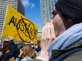 Students gather for a march against austerity during a one-day strike organized by student group ASSE in Montreal on Thursday, April 3, 2014.