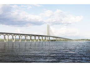 The design for the proposed new Champlain Bridge is shown in an artist's rendering, released on Saturday May 31, 2014 in Montreal. A new electrified transit system on the Champlain Bridge could be functional as early as 2020 under an agreement between the provincial government  and the Caisse de dépot et placement du Québec that will be see the pension fund manager expanding its normal role as a passive investor to become the developer, manager and effective owner of infrastructure projects prioritized by the government that it finds potentially profitable.