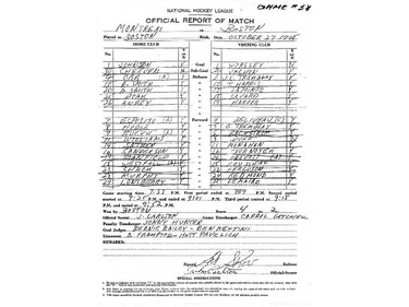 The official scoresheet from Hall of Fame-bound defenceman Guy Lapointe's first game in the NHL, a 4-2 Boston Bruins win over the Canadiens at Boston Garden on Oct. 27, 1968.