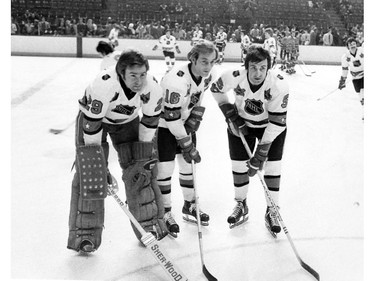 Three Canadiens legends pose before a 1970s NHL All-Star Game. From left, Ken Dryden, Guy Lafleur and Guy Lapointe.
