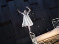 Ophelia (Nanna Finding Koppel) walks a bed frame as if it were a tightrope – a breathtaking, nouveau circus moment in Tiger Lillies Perform Hamlet.